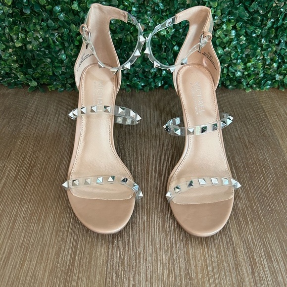 Michael Shannon Nude Studded Heels Size 9 Clear Strap Sandals Block Dressy NEW - Picture 3 of 14